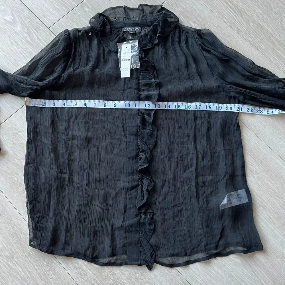 J Crew Ruffle Button Up Shirt In Crinkle Chiffon Womens Size 4 Sheer Black Flaws